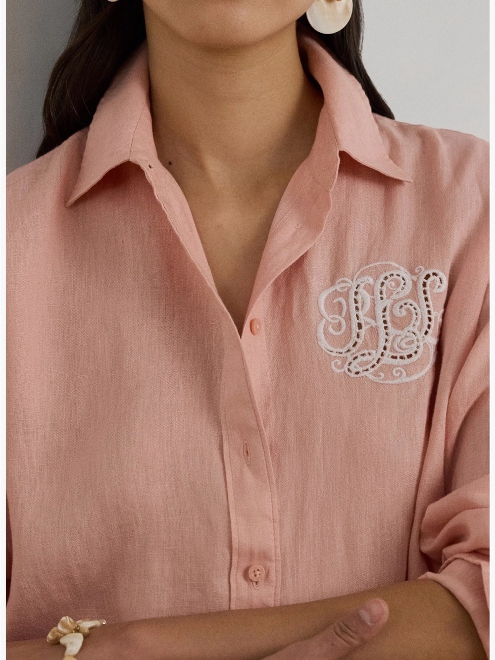 Lauren Ralph Lauren Pink Embroidered Monogram Button-Down Shirt - Picture 5 of 17